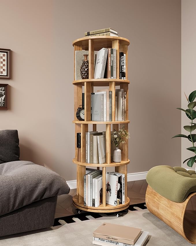 IUNVR Rotating Bookshelf, 4 Tier Solid Wood Bookshelf Tower with Lockable Wheels, 360° Spinning Revolving Bookcase for Small Spaces, Corners, Bedroom, Kids Room, Home Office, Natural