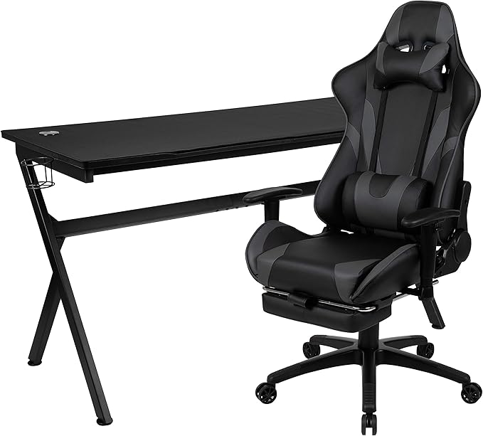 Flash Furniture Optis Gaming Desk and Gray Footrest Reclining Gaming Chair Set - Cup Holder/Headphone Hook/Removable Mouse Pad Top/Wire Management