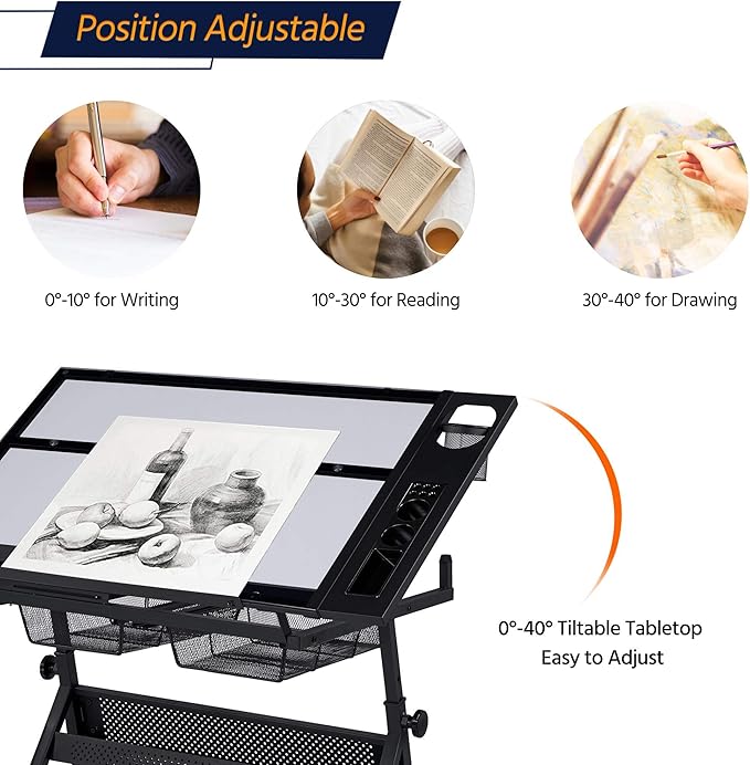 Topeakmart Height Adjustable Drafting Desk Artist Drawing Table Tilted Tabletop Art Desk Work Station w/2 Storage Drawers and Stool for Home Office