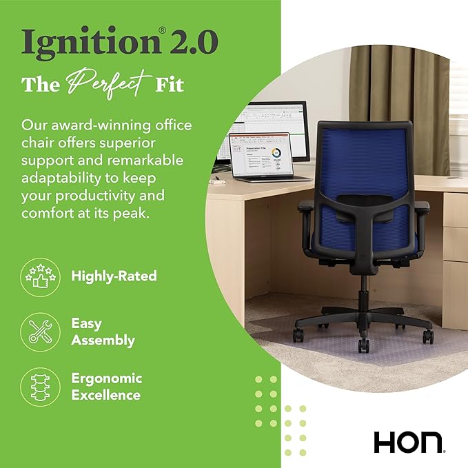 HON Ignition 2.0 Mid Back Task Chair, Spectrum Mesh, Advanced Synchro-Tilt Control, Office Chair with Lumbar Support, Height and Width Adjustable Arms, Black Frame, Cobalt