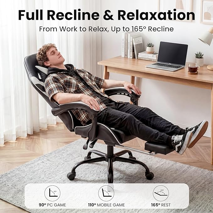 Computer Gaming Chair with Footrest, Ergonomic High Back Desk Chair with 90°-150° Reclining Function, Swivel Seat & Lumbar Support