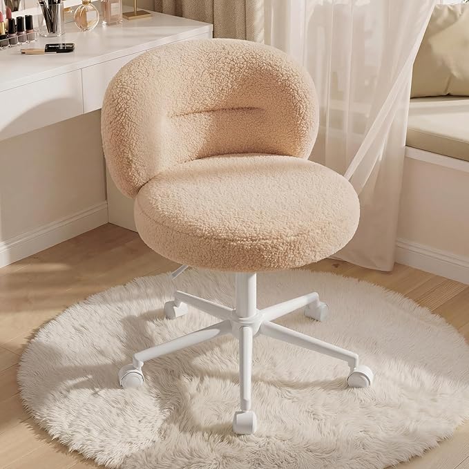 Homkdom Small Round Vanity Chair with Back, Armless Home Office Desk Chairs, Height Adjustable & 360° Swivel, Cute Comfy Vanity Computer Chair for Bedroom, Home Office, Yellow