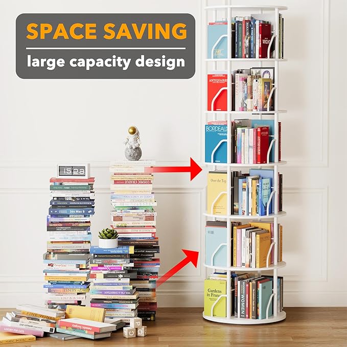 SpaceAid 6 Tier Rotating Bookshelf Tower, 360 Display Stackable Spinning Bookcase, Space Saving Revolving Round Book Shelf, Floor Standing Swivel Corner Organizer, White