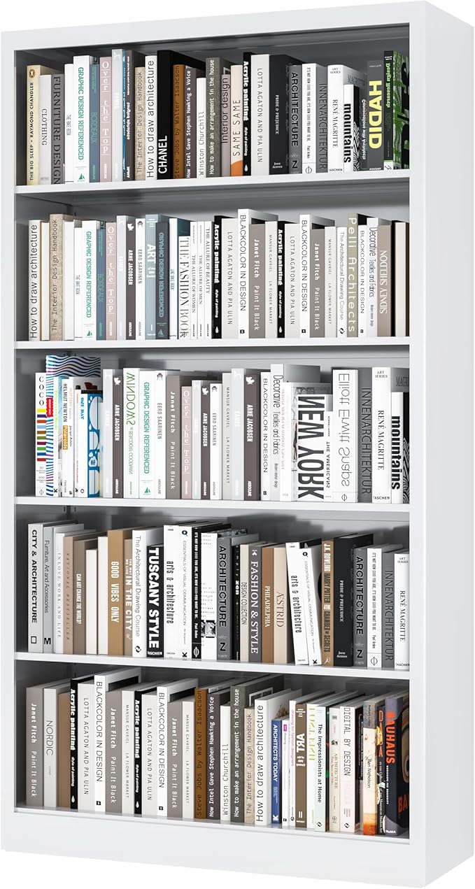 5 Tier Metal Bookshelf, 55 in Tall White Bookcase, 4 Adjustable Storage Shelves, Large Heavy Duty Bookcases for Office, Study Room, Home, Library