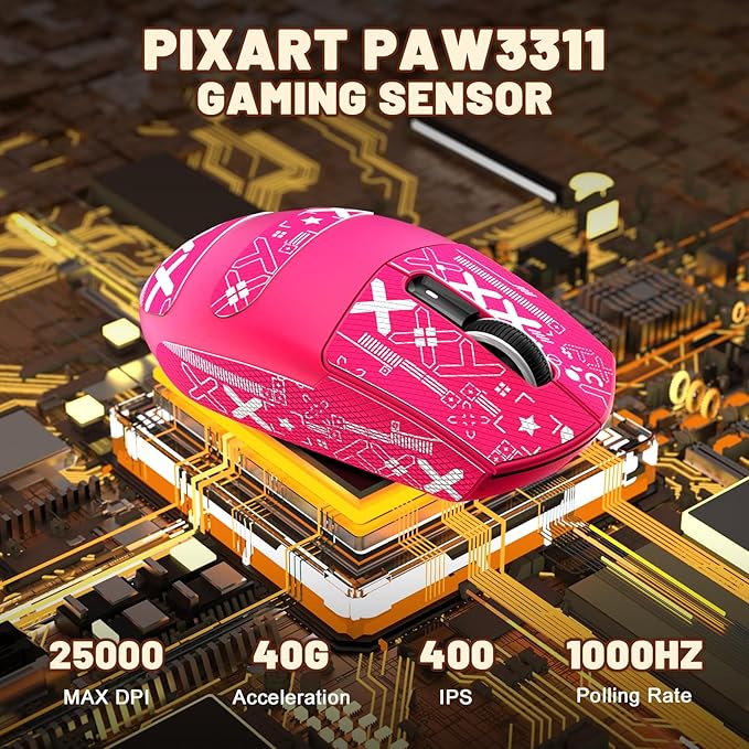 MAMBASNAKE Attack Shark G3 Wireless Gaming Mouse with Tri Mode Wired/2.4Ghz/BT,59g Ultra-Lightweight,25000 DPI,1000 Polling,PixArt PAW3311 Sensor,500mAh Battery,Programmable for PC Win Mac(Red+Tape)