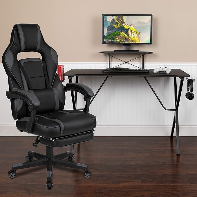 Flash Furniture Optis Black Gaming Desk with Cup Holder/Headphone Hook/Monitor Stand & Black Reclining Back/Arms Gaming Chair with Footrest