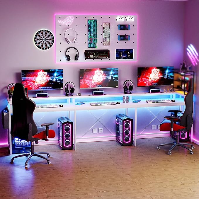 Jojoka U-Shaped Computer Desk with Power Outlets & RGB LED Lights - Reversible l-Shaped Office Desk, Full Monitor Stand, Modern Home Office Workstation, 600lbs Capacity 79",Game Desk, Multiple Colors