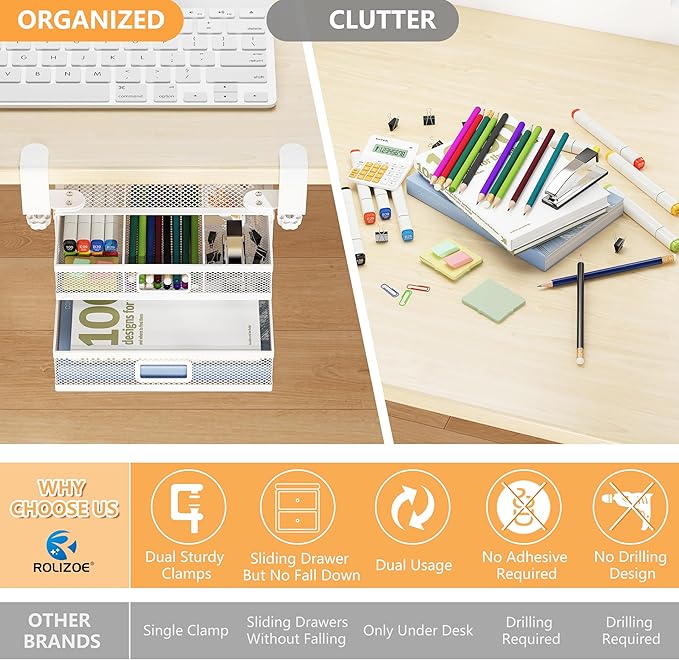 Sliding Under Desk Drawer Organizer No Drilling 2 Drawers Slide Out Desktop Or Under Table Storage Metal Clamp On Desk Drawer Attachment Anti-Slip Desktop Organizer for Home & Office, White