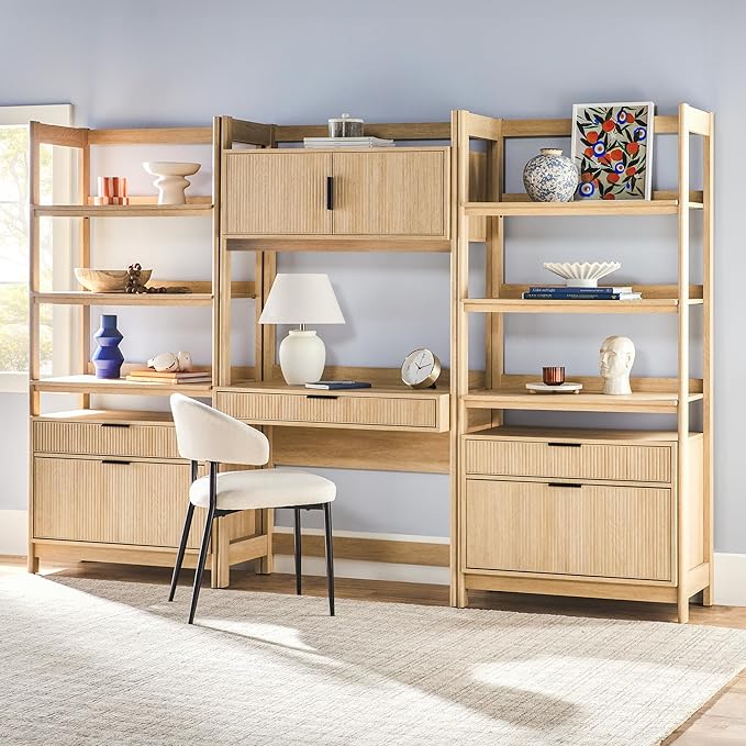 Walker Edison Transitional 3-Piece Hutch Desk with 2 Wide Bookcases, Reeded Drawer Fronts, Built-in outlets and USB Ports, Set of 3, Coastal Oak