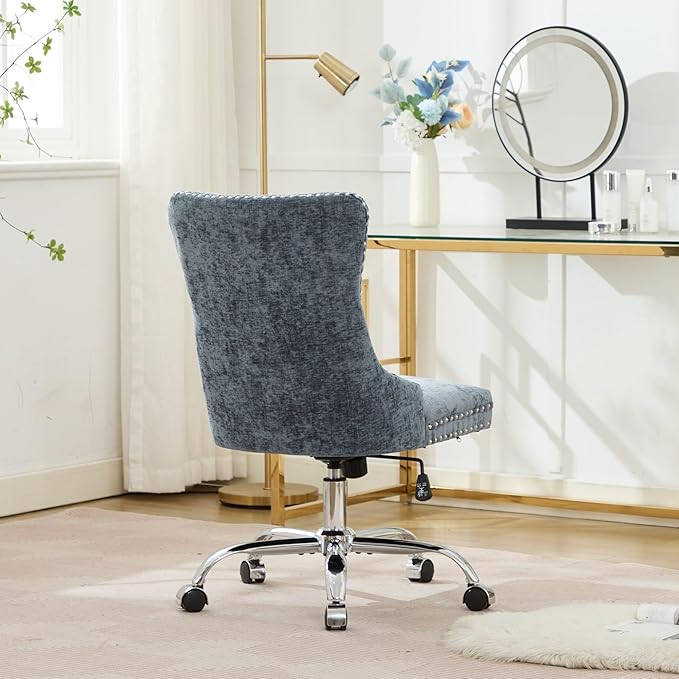 Goujxcy Desk Chair, Modern Chenille Upholstered Tufted Button Home Office Chair, 360° Swivel Armless Desk Chairs, 120°Rocking Ergonomic Computer Task Vanity Chairs, Light Blue