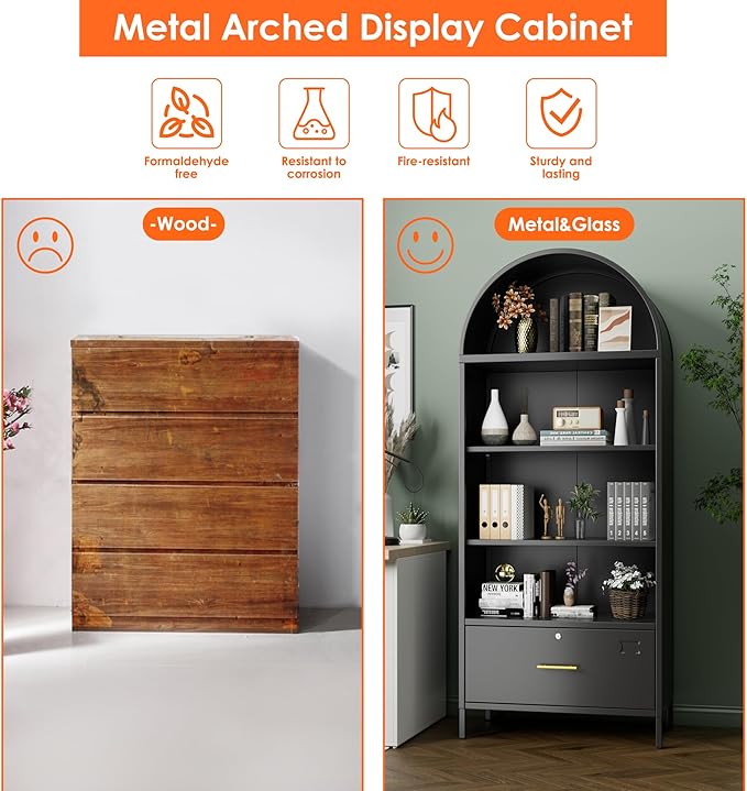 Aobabo 72.8" H Metal Arched Bookcase with 2 Adjustable Shelves and 1 File Drawer for Home Office, Black,Required Assembled