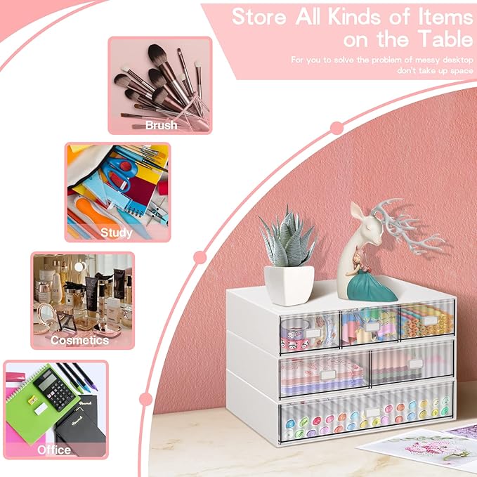 3 Tier Stackable Desk Organizer with 6 Drawers, YOCOMEY Plastic Desktop Storage Box Drawers, Detachable Makeup Storage Office Stationery Supplies Organizer for Office School(White)