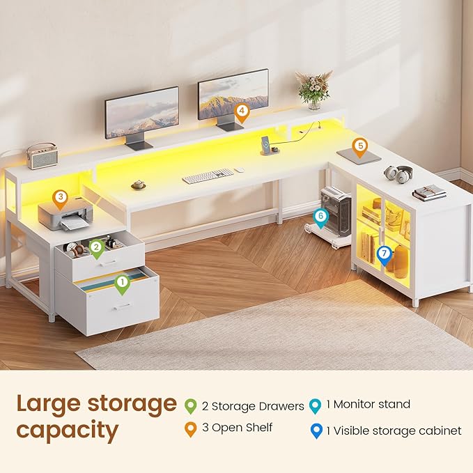 SEDETA 78.7” Large Gaming Computer Desk with Storage Drawers, Reversible L Shaped Office Desk with Display Cabinet and Power Outlet, Corner Gaming Desk with LED Lights for Home Office, White
