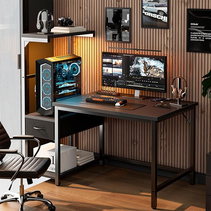 Grandder Gaming Desk 41 Inch with CPU Stand and LED Light, Computer Desk with Reversible Shelves and Storage Drawer, Pc Small Desk for Home Office Table with Bag, Carbon Fiber Black