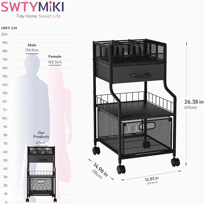 SWTYMIKI Rolling Under Desk Storage - Utility Cart with Drawers & DIY Divider - Art Cart Organizer on Wheels - Craft Storage Drawers Rolling Cart for Office, Craft Room & Studio Black