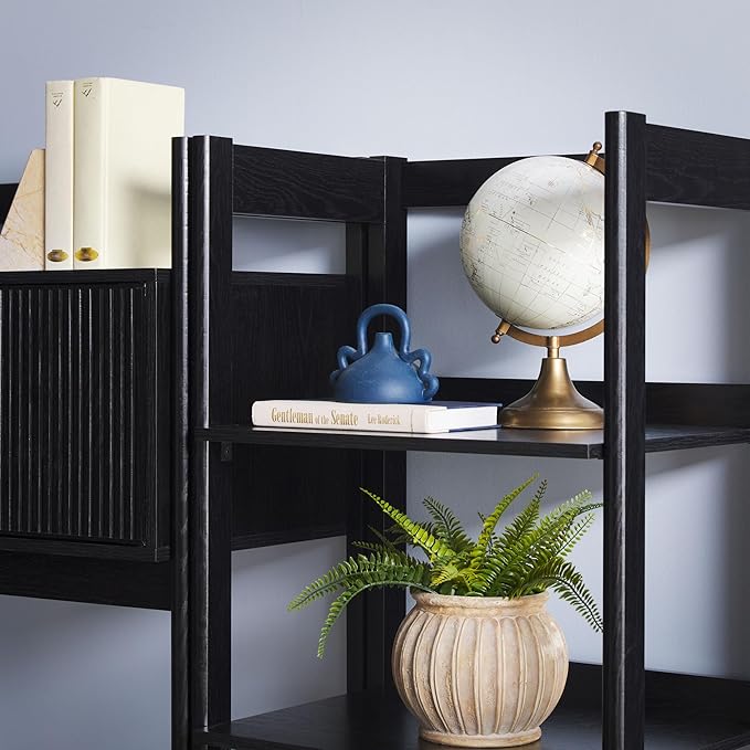 Walker Edison Transitional 2-Piece Hutch Desk with Narrow Bookcase, Reeded Drawer Fronts, Built-in outlets and USB Ports, Set of 2, Black