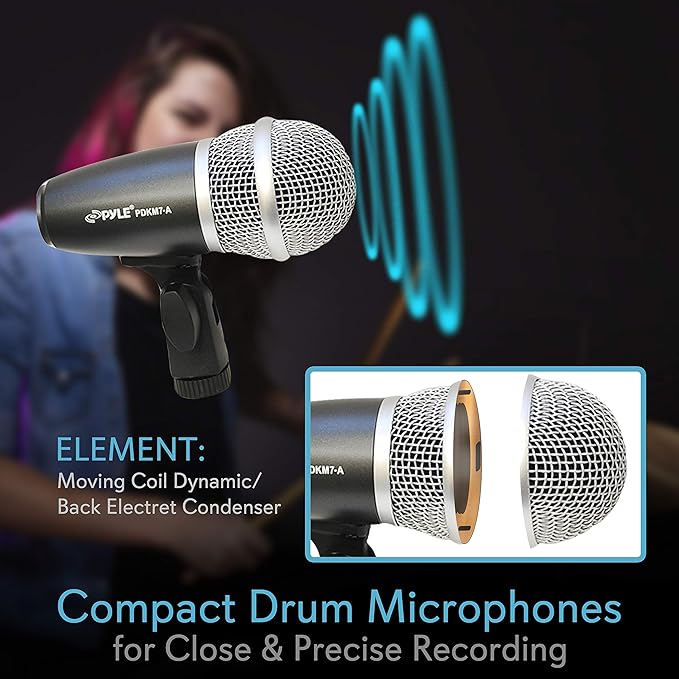 Pyle 7-Piece Wired Dynamic Kit-Kick Bass, Tom/Snare & Cymbals Microphone Set-for Drums, Vocal, & Other Instrument-Complete with Thread Clip, Inserts, Mics Holder & Case, Black