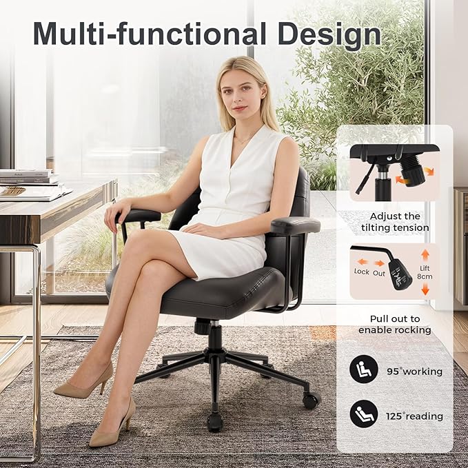 IWMH Home Office Chair, PU Leather Office Chair with Removable Armrests, Mid-Century Modern Desk Chair with Lumbar Support，Ergonomic Executive Task Chairs, Height Adjustable(Black)
