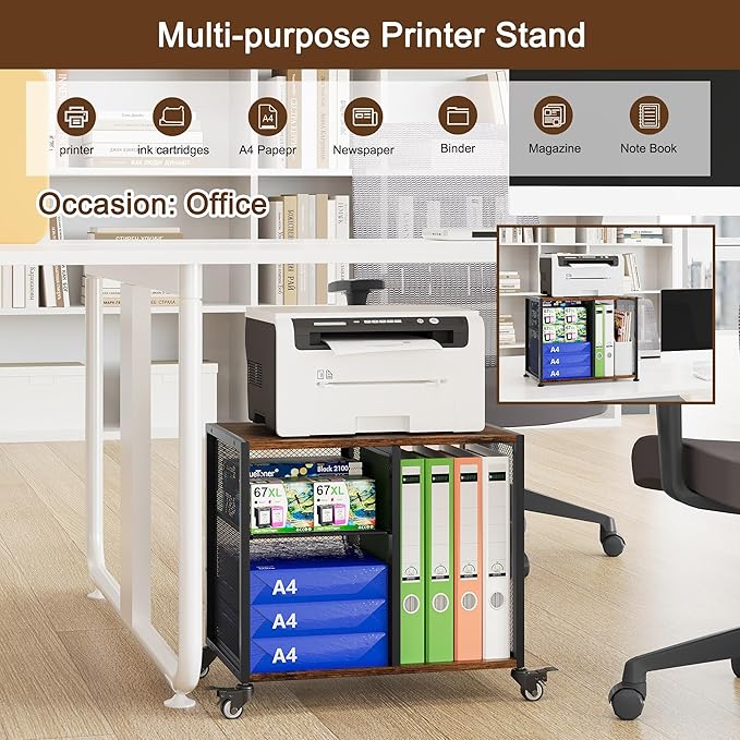 Under Desk Printer Stand - 3 Tier Rolling Printer Cart with Adjustable Shelves & Lockable Wheels, Heavy-Duty Standing Desk Storage Rack for Home, Office, Rustic Brown