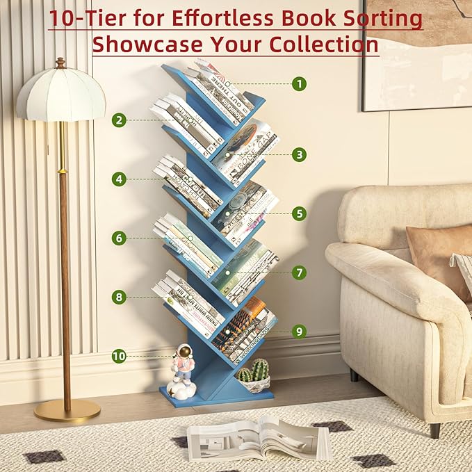 SHEEPAM 10 Tier Tree Book Shelf, Floor Standing Wood Bookshelf for Narrow Space, Storage Organizer Bookshelves for Books/CDs/Magazine, Bookcase with Shelves for Home Office, Living Room - Pure Blue