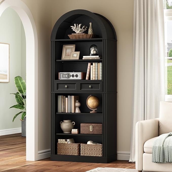 RALGEND Arched Bookshelf, 73" Tall Arch Bookcase with Drawer, 6-Tier Farmhouse Book Shelf, Wooden Bookshelf with Open Display Shelves for Living Room, Office, Adjustable Shelves, Black