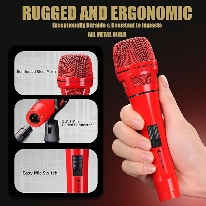 Dynamic Microphone - Professional Vocal Microphone for Singing - Premium Handheld Wired Mic with 16ft XLR to 1/4" Audio Cable - Microfono for Speaker, Mixer, Amplifier & Karaoke Machine