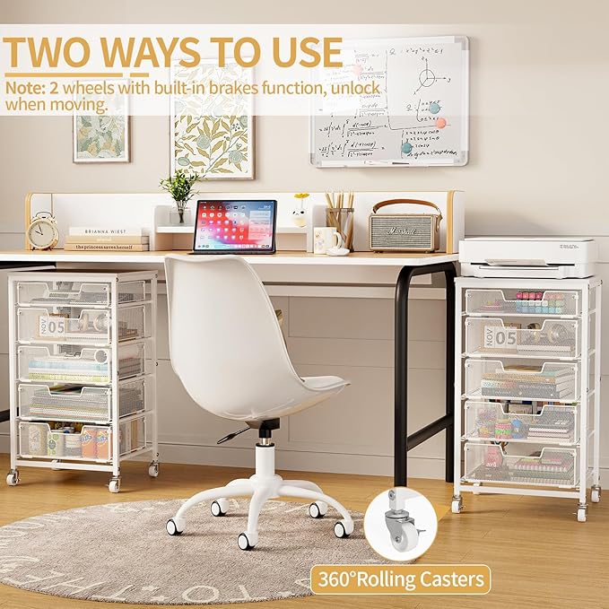 Sbanmao Utility Cart with 5 Drawers, Rolling Storage Cart with Wooden Tabletop and Lockable Wheels, Storage Drawer Cart with Drawers, Craft Cart for Bedroom, Classroom, Home, Office, White