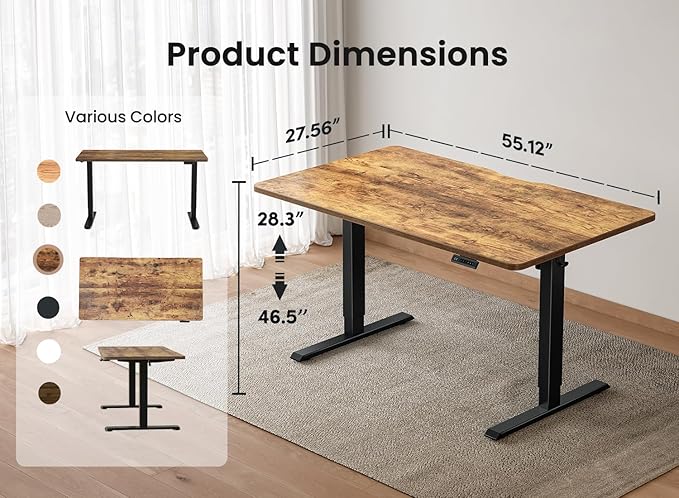 BANTI 55 × 28 Inches Standing Desk, Ergonomic, Electric Height Adjustable, Sit and Stand Up, Computer Desk with a Deeper Desktop, Black Frame/Rustic Brown Top