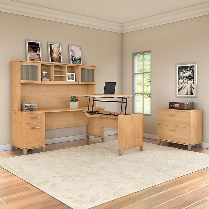 Bush Furniture Somerset 72W 3 Position Sit to Stand L Shaped Desk with Hutch and File Cabinet in Maple Cross