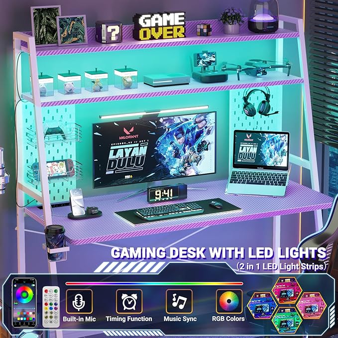 Besiost Gaming Desk with Hutch and LED Lights, Gaming Computer Desk with Power Outlets, Gamer Desk with Storage Shelves, PC Gamings Desk with Pegboards for Bedroom, Carbon Fiber Purple, 49"