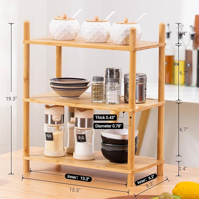 3-Tier Expandable Bamboo Desktop Organizer Shelf Kitchen Cabinet and Counter Riser Display Shelf for Top of Desk Home Office Bathroom Coffee Table Display Stand (1, Natural, 3-Tier)