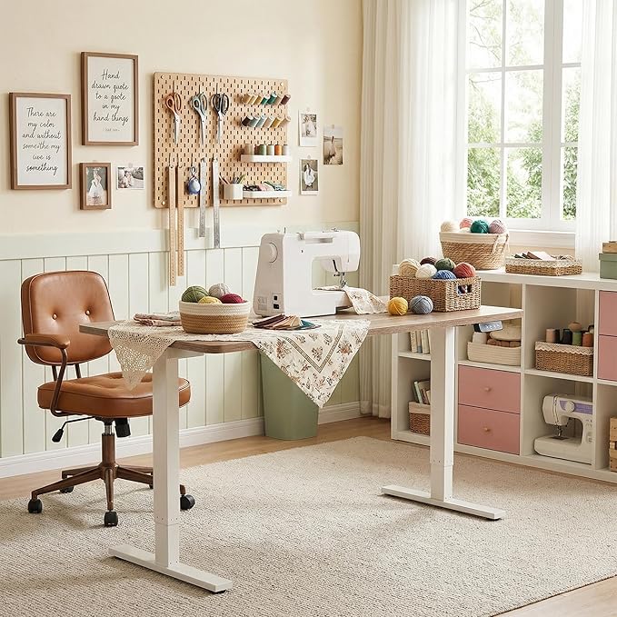 TIQLAB Electric Adjustable Sewing Table, 63"x24" Workbench Adjustable Height, Ergonomic Worktable for Garage, Craft Desk, Spacious Desk for Sewing and Crafts, Maple