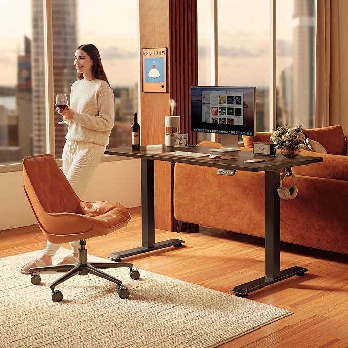 FEZIBO Standing Desk, 55×28 Inches Electric Height Adjustable, Sit Stand Up, Computer Office Desk with Splice Board, Black Frame/Black Walnut TOP
