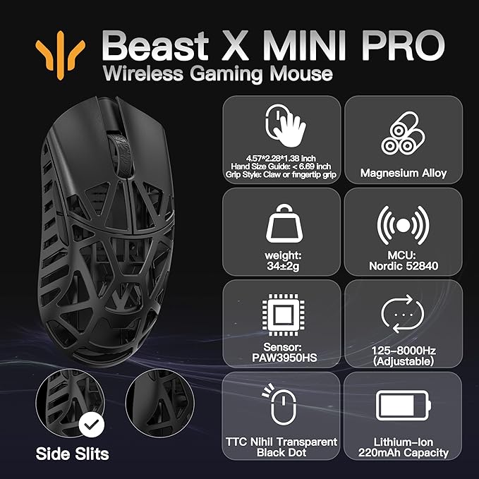WLMOUSE Beast X Mini Pro Ultra-Light 34g Magnesium Gaming Mouse, PAW3950 HS Sensor, 8K Polling Rate, 30000 DPI,OM & TTC Switches, Customizable Side Panels.(Black(TTC Switch-Side Slits))