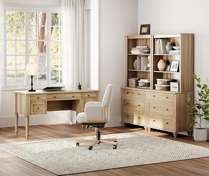 WAMPAT Home Office Furniture Set, 56'' Executive Desk with Charging Station, 72" Tall Bookcase with 6 Drawers, Wood Computer Desk with File Cabinet Storage, Open Shelf, Oak