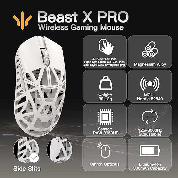 WLMOUSE Beast X Pro Ultra-Light 39g Magnesium Gaming Mouse, PAW3950 HS Sensor, 8K Polling Rate, 30000 DPI,OM & TTC Switches, Customizable Side Panels.(Milky White(OM Switch-Side Slits))