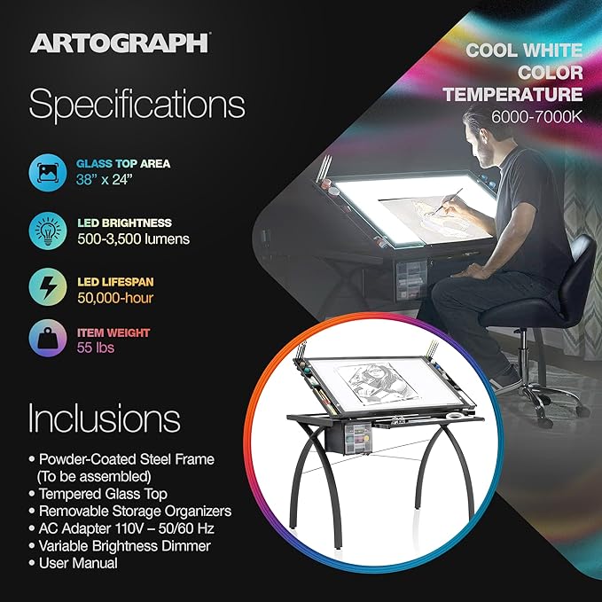 Artograph Futura Light Tracing Table for Artists with Storage and Adjustable, Dimmable Glass Work Top
