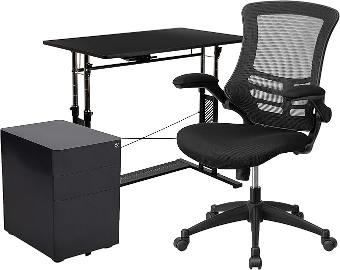 EMMA + OLIVER Work from Home Kit-Adjustable Desk, Ergonomic Mesh Office Chair, Filing Cabinet