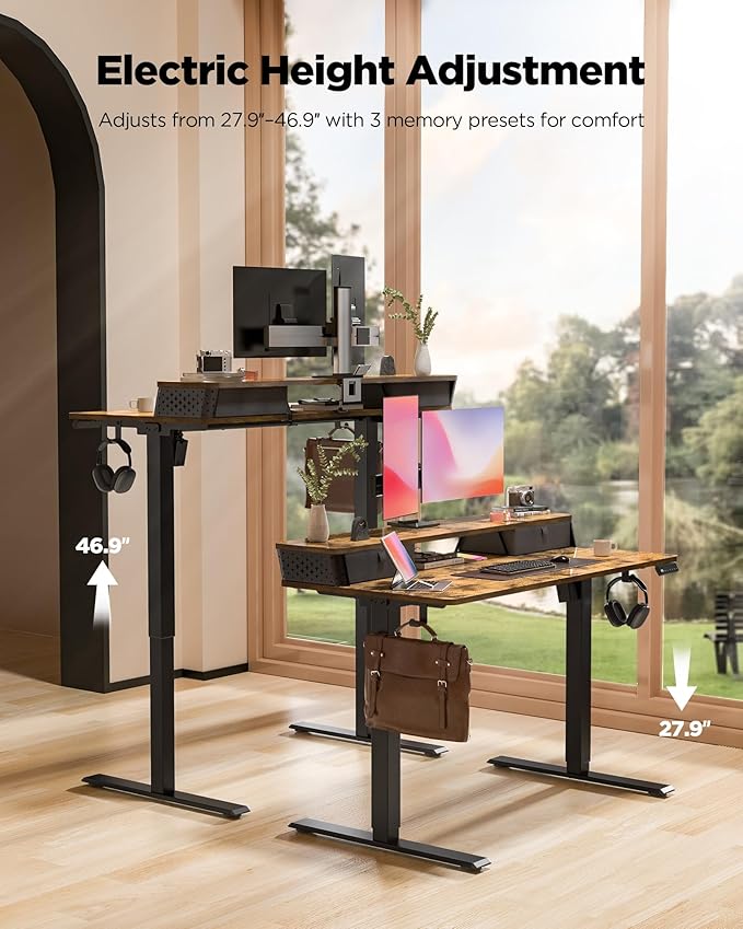 FiCiHi 48x24 Inch Standing Desk with Drawers, C-Clamp Mount Compatible, Electric Adjustable Height Computer Stand Up Desks, Home Office Sit Stand Table with 3 Preset Heights, Rustic Brown