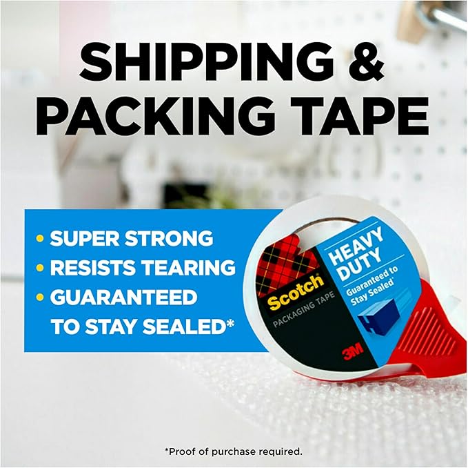 Scotch Heavy Duty Shipping Packing Tape,Clear,Shipping and Packaging Supplies,1.88 in. x 38.2 yd.,1 Tape Roll with Dispenser,(Pack of 12)