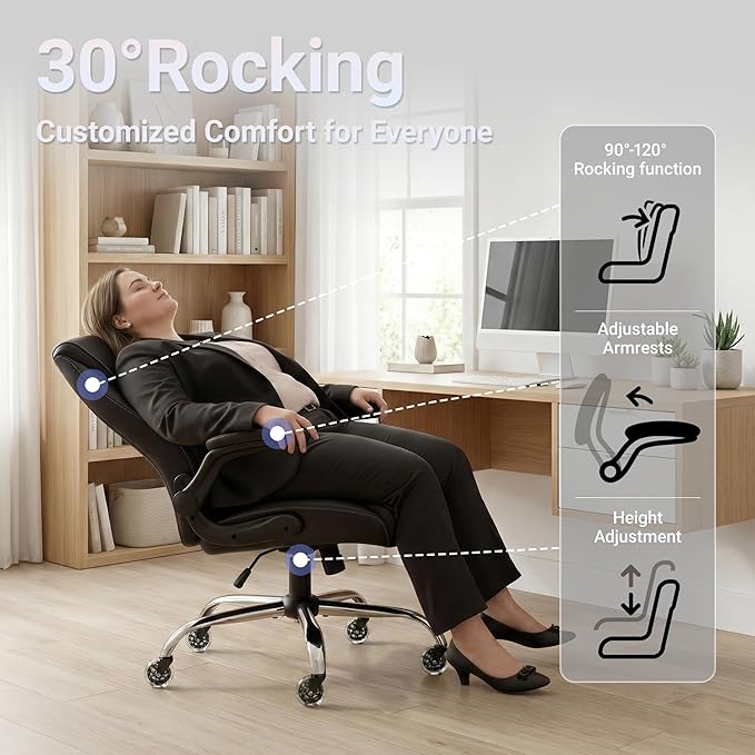 Big and Tall Office Chair for Heavy People, 500LBS High Back Extra Wide Executive PU Leather Office Chair with Flip-Up Armrests, Quiet Rubber Wheels, Comfortable Home Office Desk Chair (Black)