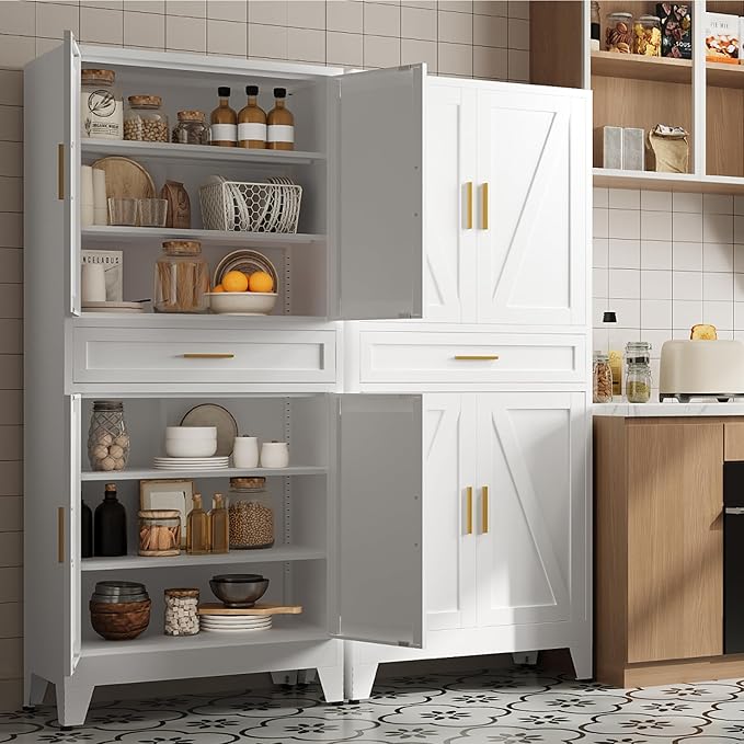 Washsemba 71 "Farmhouse Metal Filing Cabinet with a Drawer and 4 Adjustable Shelves, with 4 Large barn Door White Kitchen Cabinets, Metal Food Cabinets for Home, Kitchen, Dining/Living Room (White)