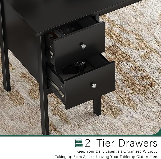 BHG Computer Desk with Drawers,Modern White Home Office Desk with Storage Filing Cabinet, Vanity Desk Makeup Dressing Table for Bedroom,Small Writing Table PC Desks for Study (Black, 43.3")