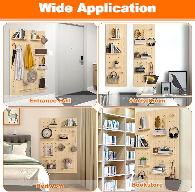 AMSXNOO Wood Pegboard Wall Organizer Panels, Wooden Pegboard Combination Wall Organizer Kit, Display Peg Board Panel Kits for Office Bedroom Livingroom Studyroom (Wooden Color, 31.5X47.2IN/80X120CM)