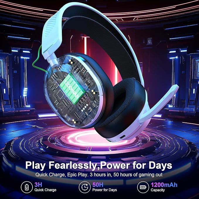 Vakedy HW10 Wireless Gaming Headset for PS5, PS4, PC, Switch, Mac, 2.4GHz Wireless Gaming Headphone with Flip Noise Canceling Mic, 50H Battery, 50mm Drivers, RGB Lights (White/Black)