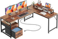 PRAISUN 55 Inch L Shaped Desk with Power Outlets and USB-C Port, Computer Corner Home Office Desk with File Fabric Drawers and Movable Monitor Stand, Larger Storage for Gaming, Study, Rustic Brown