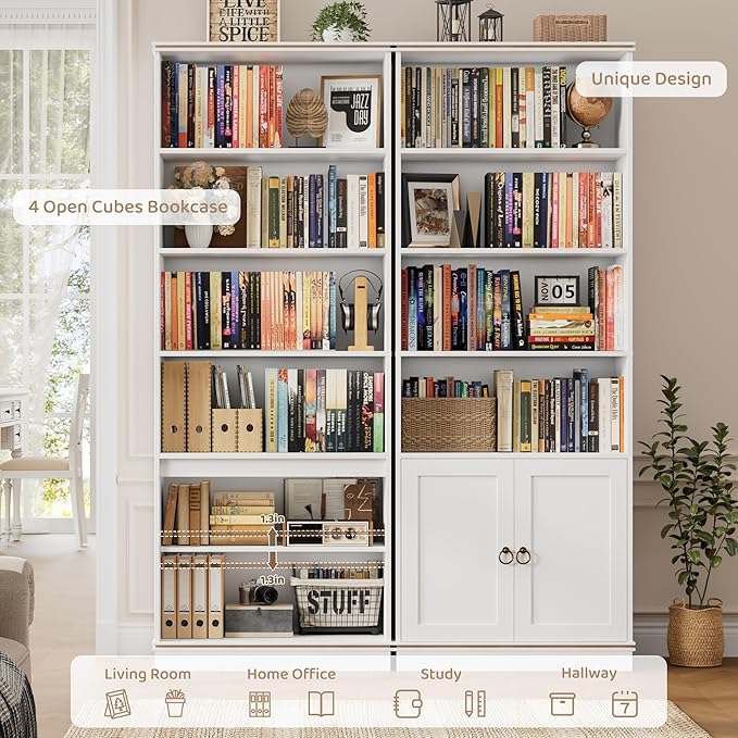 HOSTACK 71" Tall Book Shelf and Bookcase with Doors, 6 Tier Wooden Bookshelf with Storage Cabinet, White Farmhouse Bookshelves and Bookcases, Free Standing Display Shelves for Home Office, Living Room