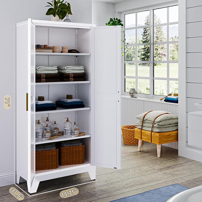 Washsemba 71'' Farmhouse Metal Storage Cabinet with Barn Doors,Steel File Cabinet for Home Office,Kitchen Pantry 4 Adjustable Shelves,Freestanding Cupboard for Kitchen,for Home Office,School (White)