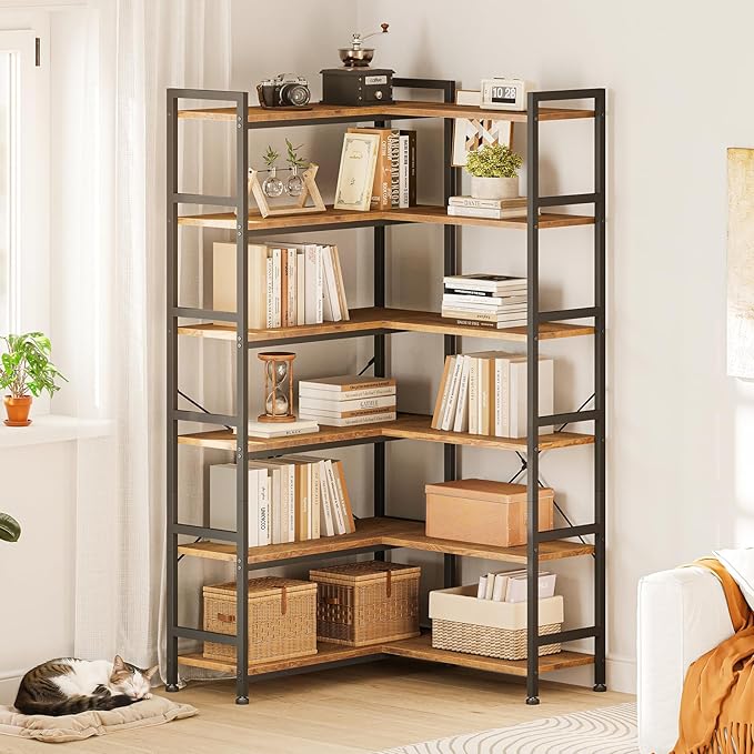 Casaottima Corner Bookshelf 6 Tier, 64 Inches Reversible Book Shelf for Living Room, Industrial Wooden Bookcase with Open Shelves and Metal Frame for Bedroom, Home Office, Kitchen, Vintage