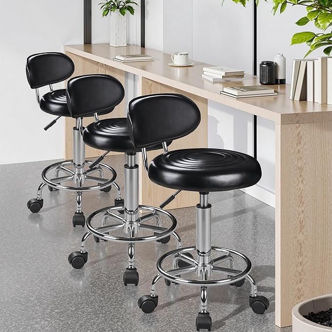 VECELO Home Office Desk Chair with Backrest & Wheels | PU Leather Rolling Office Chair for Drafting, Salon, Spa(Black, with Back)